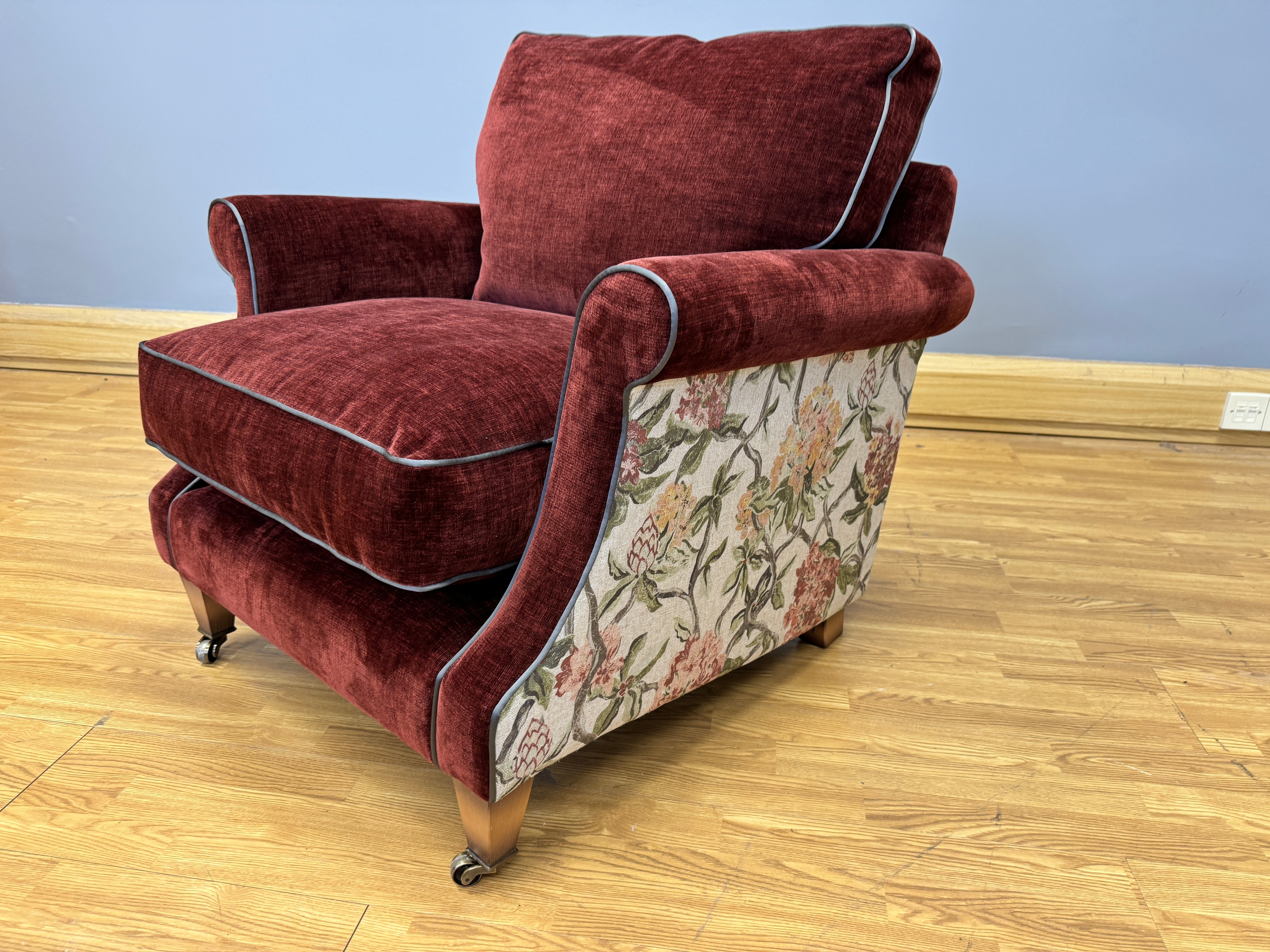 SOFAS & STUFF Cooksbridge accent chair in Red velvet & linen floral outer cover