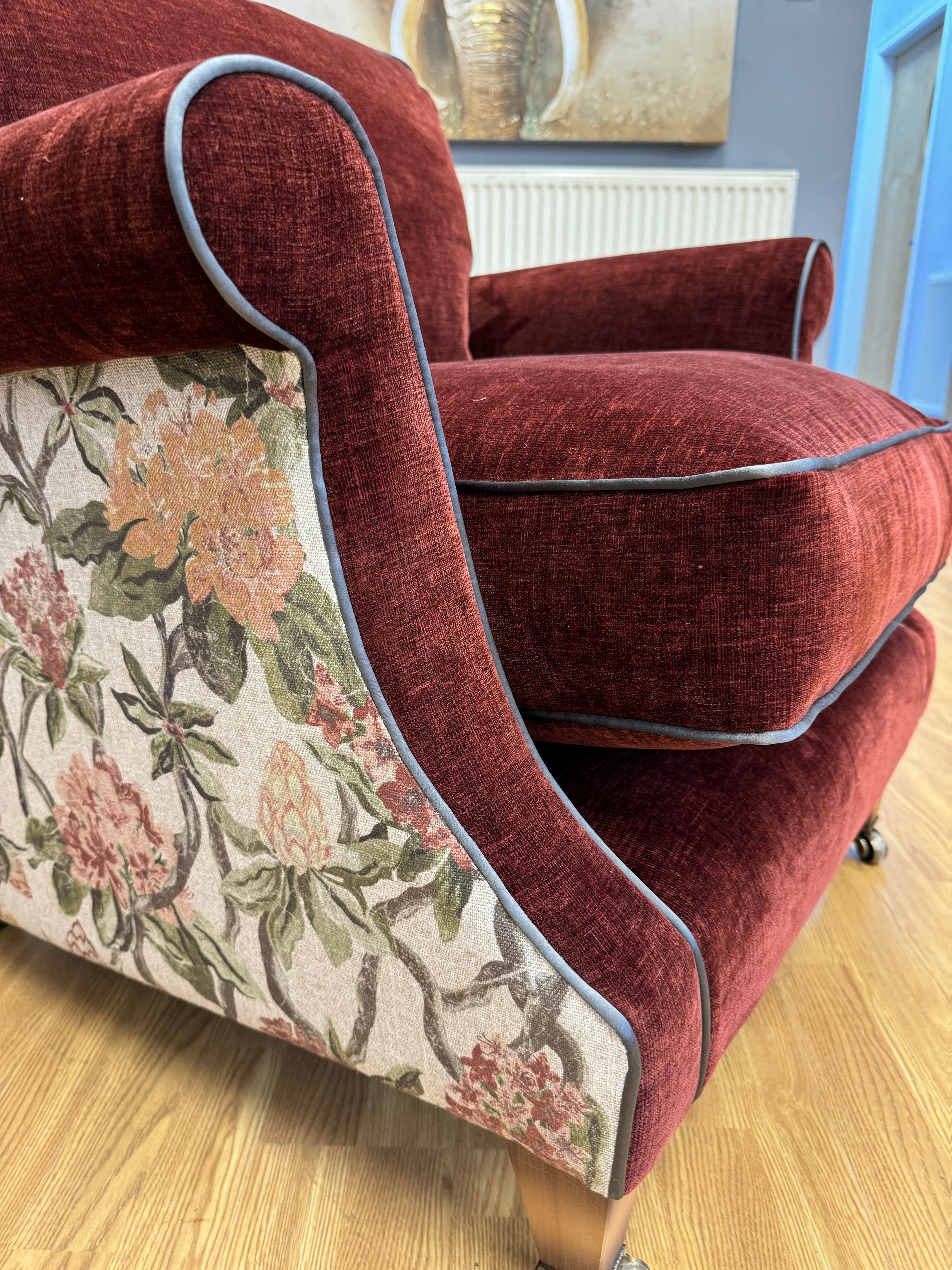SOFAS & STUFF Cooksbridge accent chair in Red velvet & linen floral outer cover
