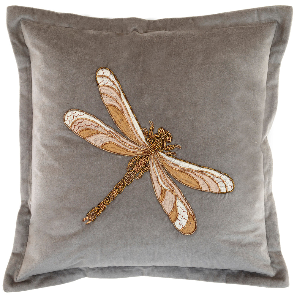 Aria Embroidered Dragonfly feather Cushion 50cm x 50cm Grey