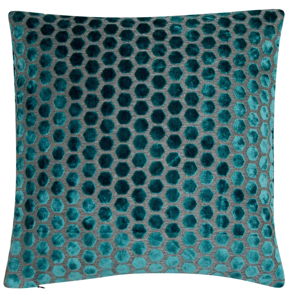 Jorvik textured velvet hexagonal cut feather filled cushion 56 x 56cm Teal
